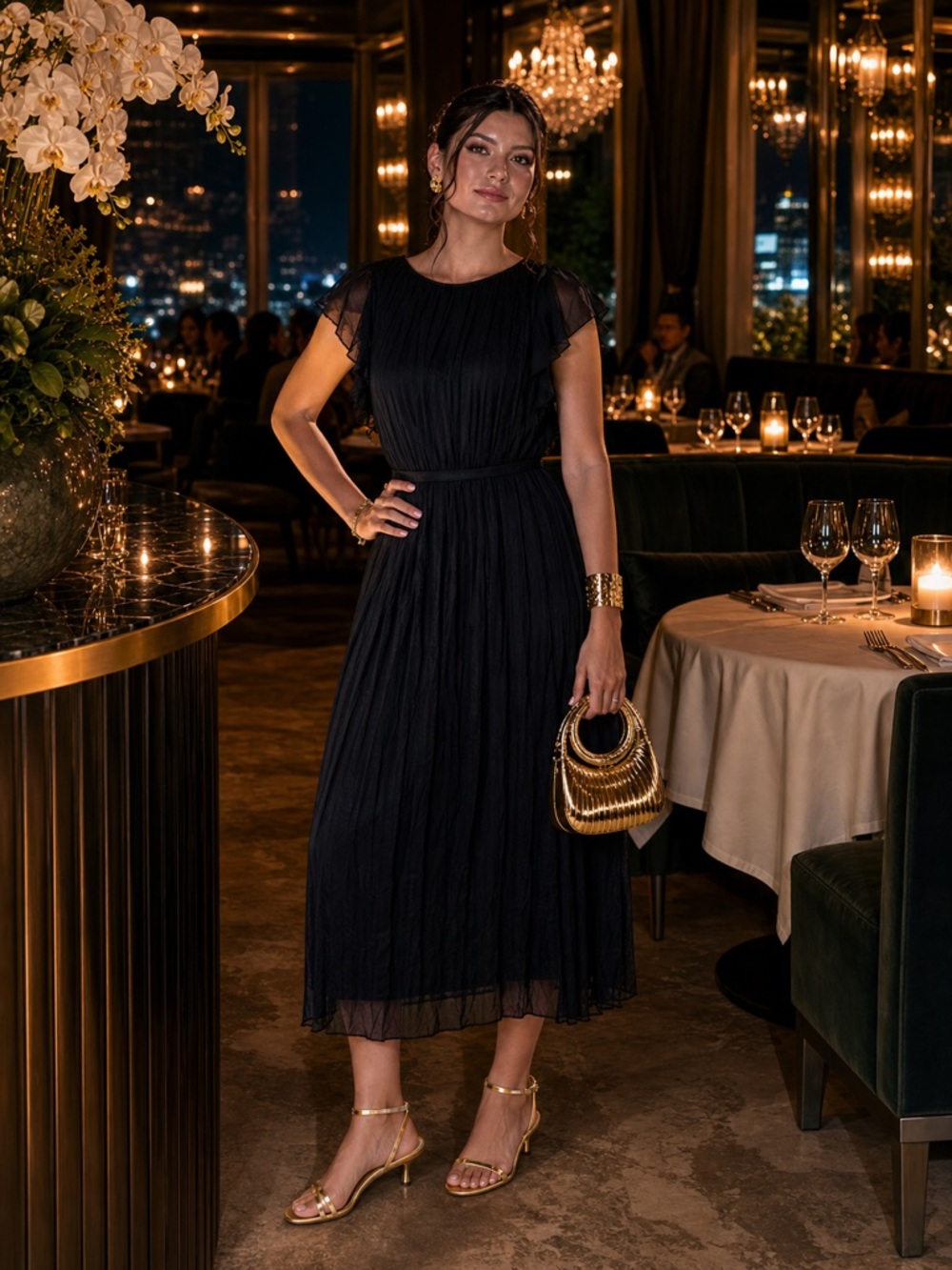 ✨ Current Air Black Crinkle Midi Dress – Sheer Cap Sleeves Effortless Elegance ✨